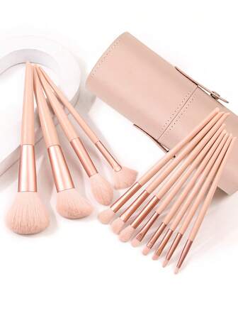 12 piezas Juego de brochas suaves de fibra - Polvos, contorno, corrector, sombra de ojos, delineador de ojos + 1 pieza Cubo de almacenamiento portátil de gran capacidad minimalista para herramientas de maquillaje