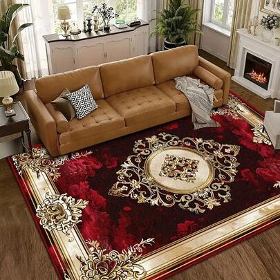 GEL HUT MUN [Thảm giả cashmere + Đế giặt] 1 tấm thảm giả cashmere đế giặt, 1200g/㎡, dày 8.6mm, họa tiết viền đỏ & vàng sang trọng, thảm nhà bếp chống trượt có thể giặt, thảm phòng khách in họa tiết trang nhã, thảm trang trí trong nhà/ngoài trời, dùng cho cắm trại, dã ngoại.