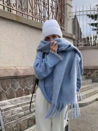 1pc Solid Color Scarf, Warm Neck Accessory, Thick Knitted Wool Tassel Shawl, Wearable For Winter