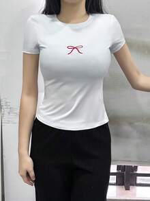 Round Neck Short Sleeve T-Shirt American Hot Girl Style, Summer New Bow Pattern, Slim Fit Cropped Women's Top - White - View 2