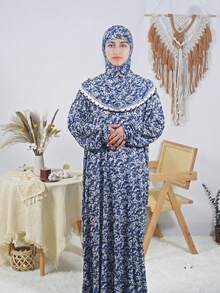 女士舒适长款连帽祈祷连衣裙，佩斯利花纹梭织面料，常规袖长