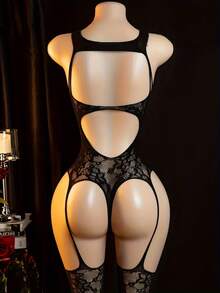 性感花卉蕾丝渔网连体裤，优雅无袖设计，高弹涤纶纤维，打造舒适贴身穿着体验，是情人节、周年纪念日、蜜月旅行的完美礼物。 - 黑色 - 查看 4