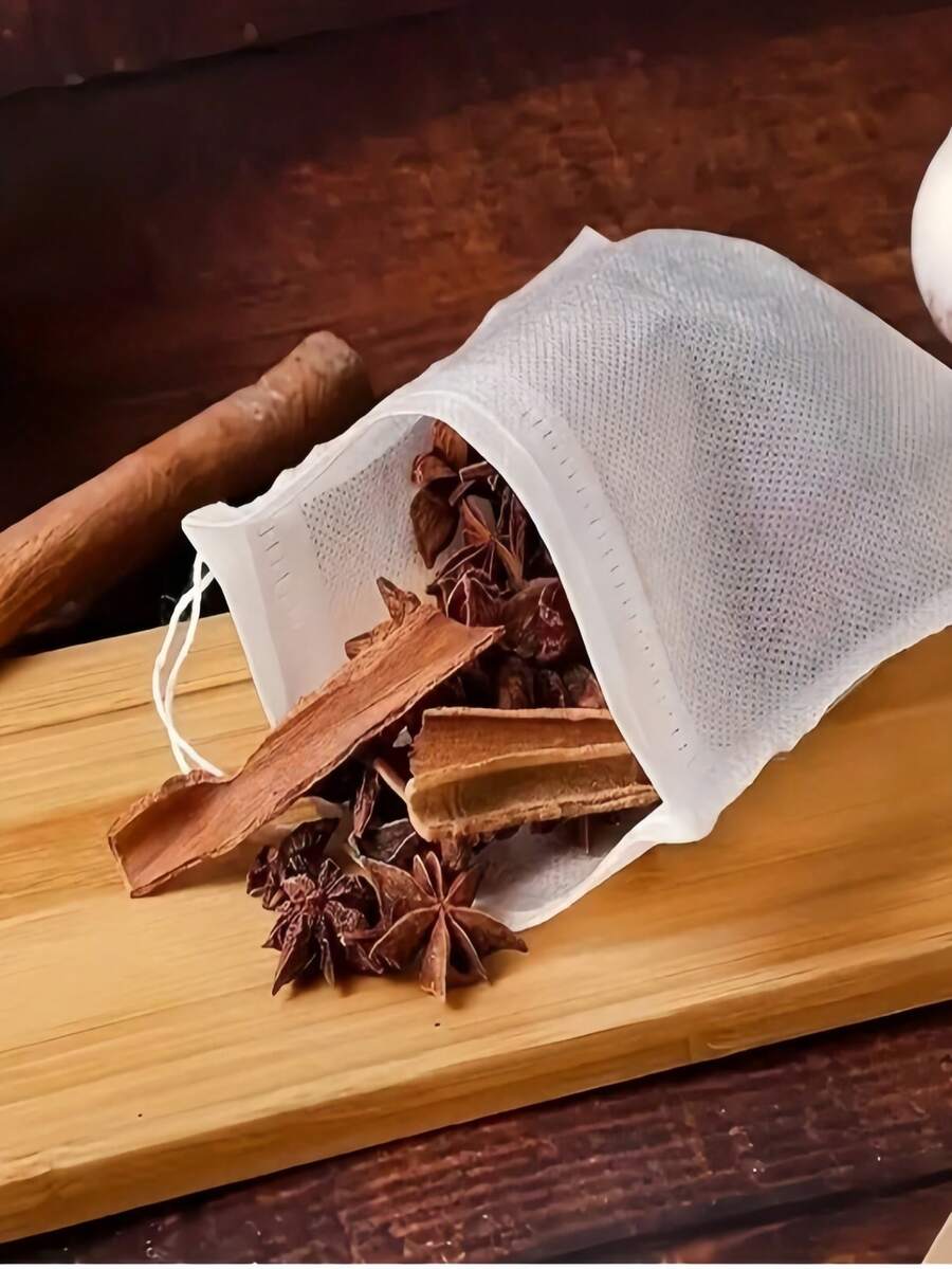 100个一次性茶包，带绳和封口 - 无纺布香料过滤器，适用于茶壶 - 方便卫生地冲泡