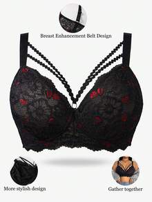 大码女士无钢圈蕾丝文胸，透气防滑前扣式支撑文胸，可调节肩带，无缝设计，适合日常穿着 - 黑色 - 查看 5