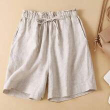 - Pantalones cortos casuales para mujer, pantalones cortos de gimnasio de verano de cintura alta, pantalones cortos de lino de algodn para mujer, bolsillos anchos en la pierna - M + Beige - Ver 2