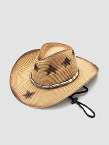 1 件纯色波西米亚休闲草编宝石牛仔沙滩帽，防晒，适合所有季节，男女通用，通勤百搭