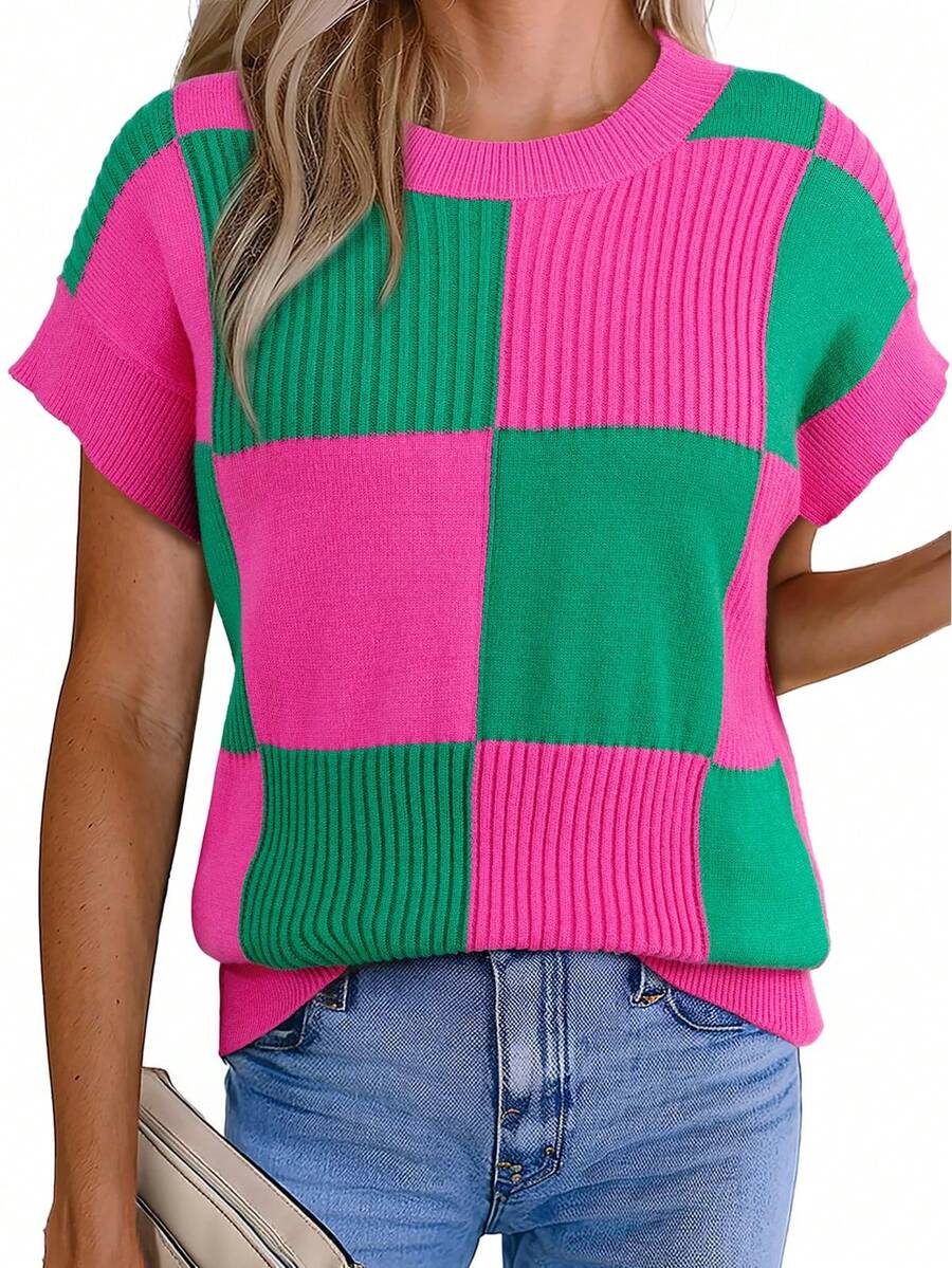 Short Sleeve Sweater For Women Crewneck Color Block Knit Tops 2026 Cap Sleeve Sweater Vest Spring - 玫紅色 - 查看 1
