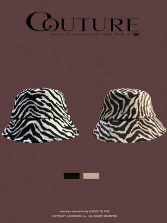 1 pieza Sombrero de cubo con estampado de cebra de moda para mujer, esponjoso, versátil, cálido, que favorece el rostro, atuendo de otoño/invierno para clima frío