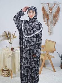 Women's Elegant Hooded Prayer Dress Full Length With Long Regular Sleeves And Ruffle Detailed Neck In Woven Fabric