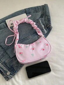 1个粉色尼龙印花拉链休闲单肩包，适合女性日常使用 - 粉色 - 查看 9