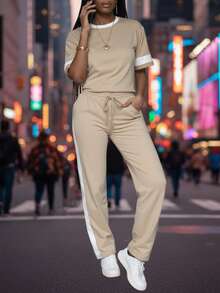 2pcs/Set Plus Size Women's Casual Colorblock Round Neck Short Sleeve Top And High Waist Drawstring Straight Leg Pants, Spring/Summer - Apricot - View 6