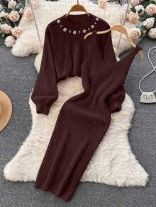 春季女士优雅串珠圆领短款针织上衣+高腰针织连衣裙两件套 优雅休闲针织两件套毛衣套装 女士街头风穿搭 - 紅木色 - 查看 1