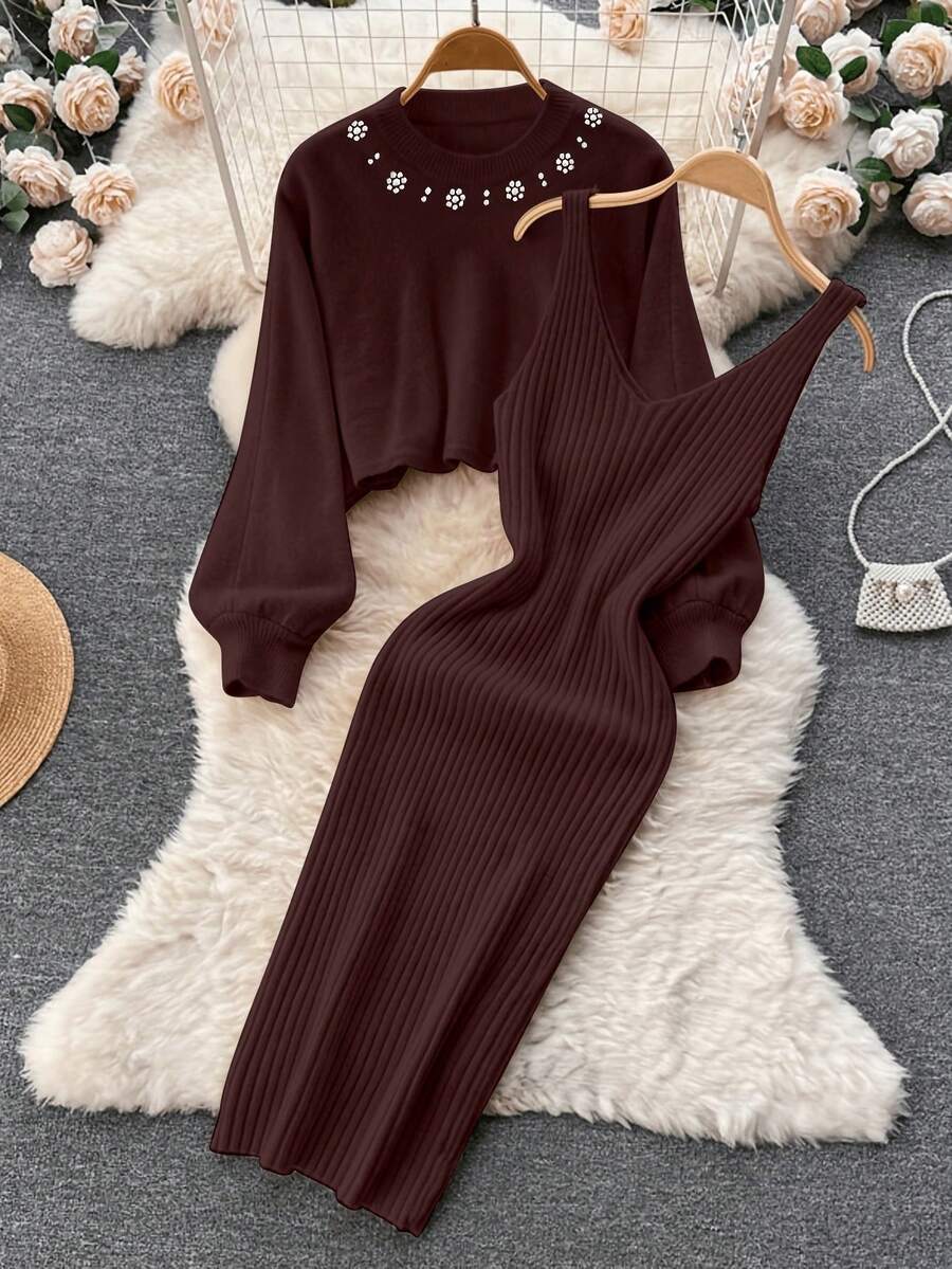 春季女士优雅串珠圆领短款针织上衣+高腰针织连衣裙两件套 优雅休闲针织两件套毛衣套装 女士街头风穿搭 - 紅木色 - 查看 1