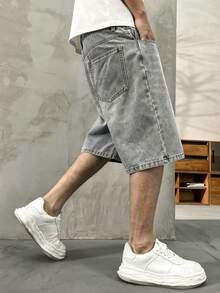 Quần short denim nam HEHCN có túi trước, kiểu dáng vintage màu xanh lam bạc màu, phong cách thời trang đường phố Mỹ, quần short Bermuda, món quà thích hợp cho bạn trai, chồng. - Xám - Xem 7