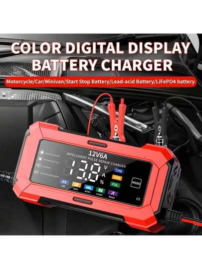 1 st 12V 6A smart LCD-display batteriladdare, bilbatteriladdare, lämplig för 2-100Ah batterier i bilar, lastbilar, motorcyklar, gräsklippare, båtar etc. med spänningsdetektering, temperaturkompensation, automatisk stopp vid full laddning, 110V-240V~ nätaggregat (EU)
