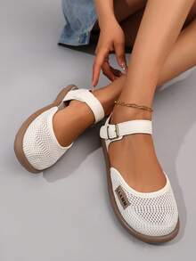 Zapatos tipo mule casuales y cómodos para adolescentes - Diseño minimalista, hebilla metálica de moda, suela plana, estilo casual de playa de verano, adecuado para uso diario y de ocio, zapatos casuales con hebilla metálica - Beis - Ver 7