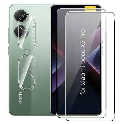 4-delars set för Xiaomi Poco X7 Pro/Poco X6 Pro: 2 st. 9H härdat glasskärmskydd + 2 st. härdat glaskameralinsskydd, reptåliga, HD 3D-klara, känslig beröring, exakt passform, enkel installation, hållbart skydd för smartphones