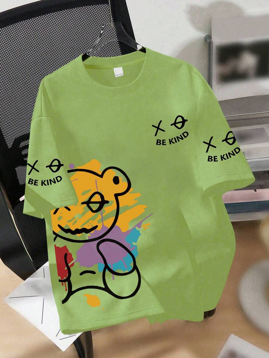 青少年男童街头涂鸦熊图案短袖宽松柔软凉爽T恤，夏季街头休闲装，男童上衣 - 綠色 - 查看 1