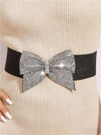 Solid Color Party Elastic Rhinestone Bow Waist Belt, Wide Wedding Party Dress Belt, Suitable For Women's Sparkling Corset, Everyday Wear, Versatile Fashion, Simple And Suitable For Daily Commute, Christmas Gift, Wear All Year Round; Women's Large Rhinestone Bow Elastic Ruffle Waist Belt, Wide Wedding Party Dress Belt, Suitable For Women's Bling Bling Corset