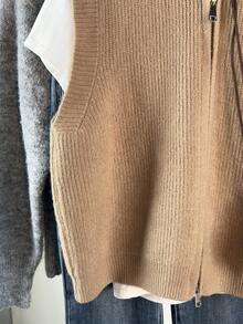 Autumn/Winter New Ribbed Knit Sleeveless Vest, Coffee Color, Double Zipper, Casual Commuter Layering Essential - Khaki - View 4