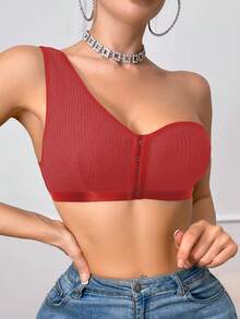 1pc Ribbed Racerback Red Adjustable Strap Front Closure Wireless Bra For Women - Red - View 3