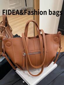 女士秋冬新款单肩托特包，PU皮革材质，纯色简约设计，拉链装饰，适合日常通勤、送礼，时尚百搭，大容量，精致美观 - 棕色 - 查看 4