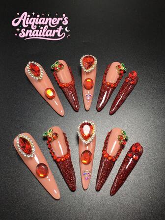 Each Set Includes 10 Pieces Of Y2K Slender High-Heeled Handcrafted Acrylic Nails, Featuring A French Design With Rhinestone And Cherry Embellishments. Available In Multiple Color Tones And Nude Shades. Three Sizes For A Perfect Fit, Suitable For Christmas, Parties, Ball Events, And Daily Wear. Includes A Manicure Tool Kit, Making It The Ideal Gift For Women And Girls-Press-On Nails (Worn Nails).
