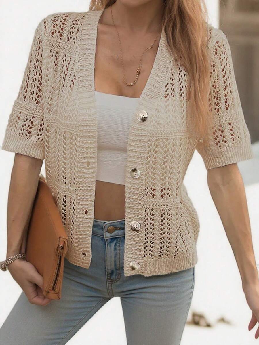 Áo len cardigan dệt kim tay ngắn đơn giản, màu trơn, thời trang, giản dị, dành cho nữ, mùa xuân/hè - Màu Khaki - Xem 1