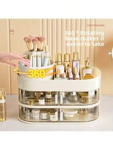 Rotating Makeup Organizer: Spacious Multi-Layer Desktop Case For Cosmetics, Lipstick & Eyeshadow – Premium Dust-Proof Design - 三層收納盒+筆筒[奶白] - 查看 2