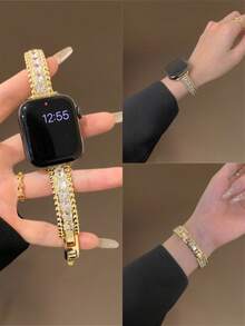 Elegant Apple-Themed Diamond Bracelet Watch Band With Secure Two-Step Clasp | Sparkling Zirconia & Cute Apple Charm, Compatible With Apple Watch Ultra/SE/Series 11/10/9/8/7/6/5/4/3/2/1 | Adjustable Fit For 38mm 40mm 41mm 42mm 44mm 45mm 46mm 49mm