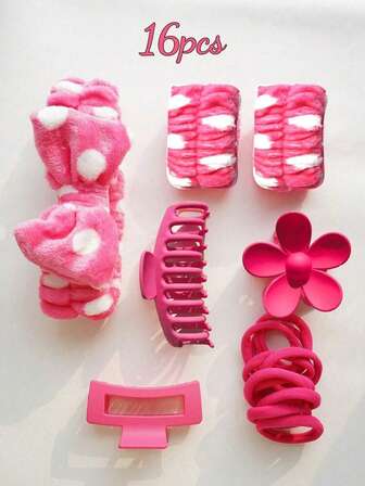 16条玫瑰粉色蝴蝶结洗脸巾发带，女士适用 - 可爱珊瑚绒发带、发箍、腕带、毛绒发圈、花朵发夹