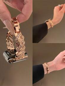 Chic Apple-Inspired Wheat & Diamond Bracelet Watch Band With Freely Adjustable Sizing | Sparkling Textured Design & Cute Apple Charm, Compatible With Apple Watch Ultra/SE/Series 11/10/9/8/7/6/5/4/3/2/1 | Fits 38mm 40mm 41mm 42mm 44mm 45mm 46mm 49mm