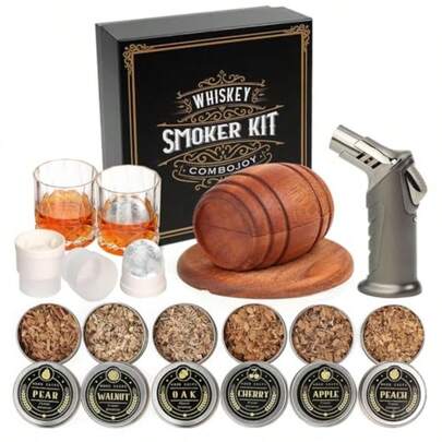 Whiskey Smoker Kit With Torch - 6 Flavors Wood Chips 2 Glasses 2 Ice Ball Molds - Cocktail Smoker Infuser Kit Old Fashioned Drink Smoker Kit Birthday Bourbon Whiskey Gifts For Men Dad NO Butane