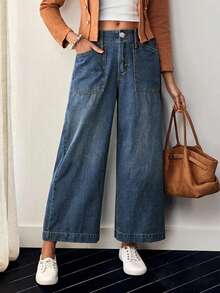 Jean large en denim pour femme, coupe à la mode, avec poches pratiques, longueur longue et braguette boutonnée classique, idéal pour un look décontracté. - Jean brut - Voir 3