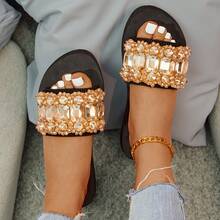 Women'S Flat Sandals Open Toe Slip On Sandals Summer Dressy Flat Fashion Slippers, Luxury Rhinestones Beaded Flip Flops - Gold - View 7