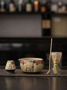 2/4/5件套复古蓝白瓷抹茶茶具，猫咪香氛图案，包含带嘴抹茶碗、竹制抹茶筅、抹茶勺、筅架、不锈钢筛网（用于抹茶茶道），礼品 - 彩色 - 查看 13