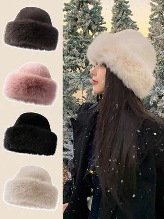 1顶新款冬季毛绒帽，秋冬季欧美韩风保暖帽，时尚纯色，百搭蒙古帽，加厚设计，适合户外散步、滑雪、骑行、购物、日常佩戴