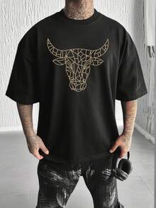 Men's Casual Versatile Simple Personalized Bull Head Line Art Animal Print Short Sleeve T-Shirt - Black - View 3