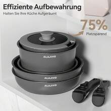 Topfset mit Abnehmbarer Griff, 17-Teilig Topfsets Pfannenset mit Antihaft Beschichtet, Topfset Induktion Kochtopf Set mit Deckel, für Alle Herdarten, Backofenfest, Ofenfest (grau) YAD6 - Grad - Übersicht 10