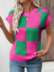 Short Sleeve Sweater For Women Crewneck Color Block Knit Tops 2026 Cap Sleeve Sweater Vest Spring - 玫紅色 - 查看 4