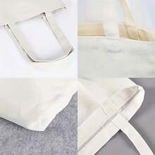 Top PickLocalChic Letter Print Canvas Tote Bag - Lightweight, Reusable Shoulder Bag For Daily Commute & Travel, Fashionable Folding Shopping Bag With Fixed StrapOpen In New Tab. - White - View 8