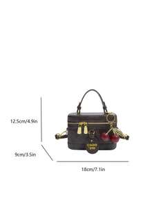 时尚新款女士优雅手提包，盒形包，高品质PU皮革菱形图案设计，带有字母印花和樱桃吊坠，适合外出、购物、约会等各种场合。 - 咖啡 - 查看 3