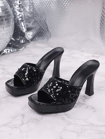 Black Sequin Waterproof Platform Mule Slippers, Thick Heel Super High Heel Nightclub Shoes, Sexy Party Clubbing Sandals