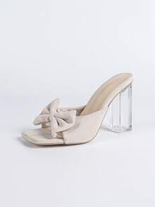 Women's Fashion High Heel Shoes, Faux Suede, Strap , Bow Tie, Buckle, Party, Slip-On, Open Toe, Open Heel, Classic Block Heel Sandals, Transparent Crystal Heel, Square Heel, Chunky Heel, Summer, Outdoor, Regular, Women's Apricot Sandals, High Heel Slippers, Minimalist, Sexy, Versatile - Apricot - View 13