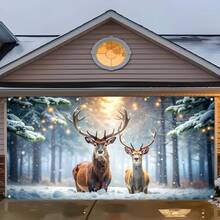 Deer & Pine Tree Winter Forest Snow Landscape Polyester Banner, White, Outdoor Garden Garage Decor, Holiday Party Background - Multicolor - View 3