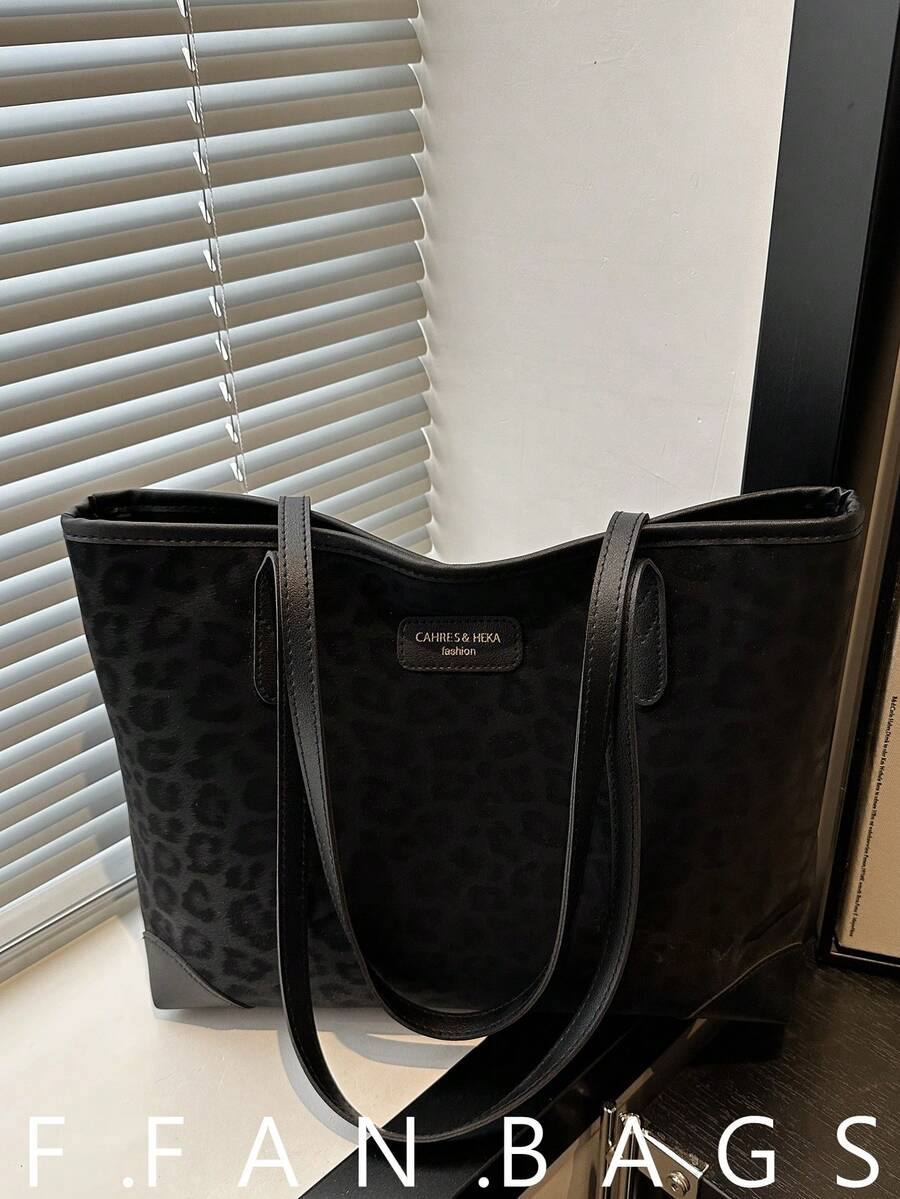 A New Women's Bag, Retro Fashion Leopard Print Large Capacity Tote Bag. Zip Opening, Lightweight Minimalist Shoulder Bag. Suitable For Daily Life Leisure, Commuting, Work And Student Use - Black - View 1