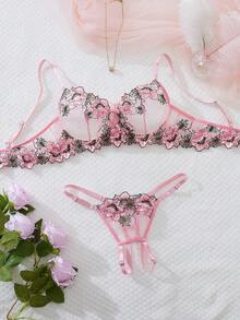 Fashionable New Lingerie Set, Valentine's Day, Embroidery, Mesh, Sexy Open Crotch Panties, Extremely Seductive, Women's Sleepwear Set, Sexy Women's Lingerie, Women's Panties, Sexy Women's Sleepwear Set, Sexy Women's Apparel, Sexy Lingerie Set, Women's Lingerie Set, Women's Set - Pink - View 2