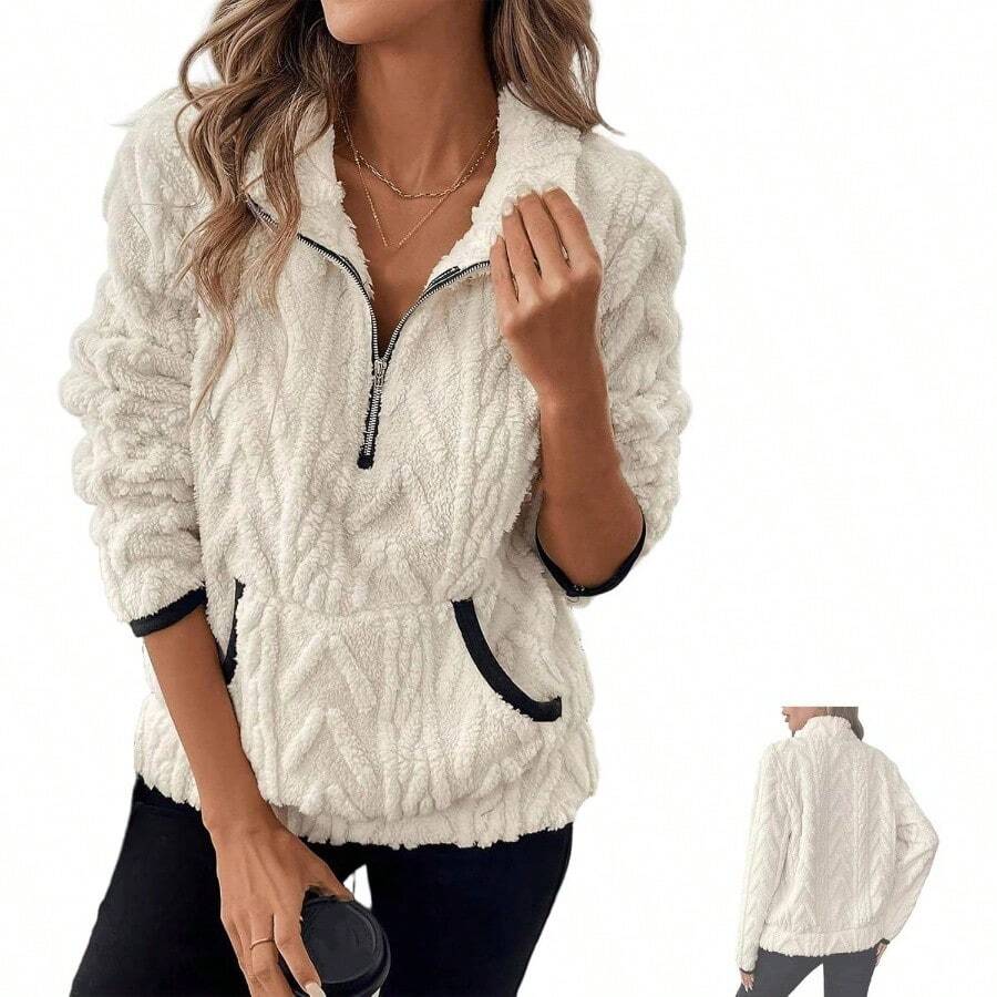 Suter de forro polar Sherpa de gran tamao con cremallera para mujer, sudaderas recortadas con solapa y bolsillos - Blanco + 2XL - Ver 1