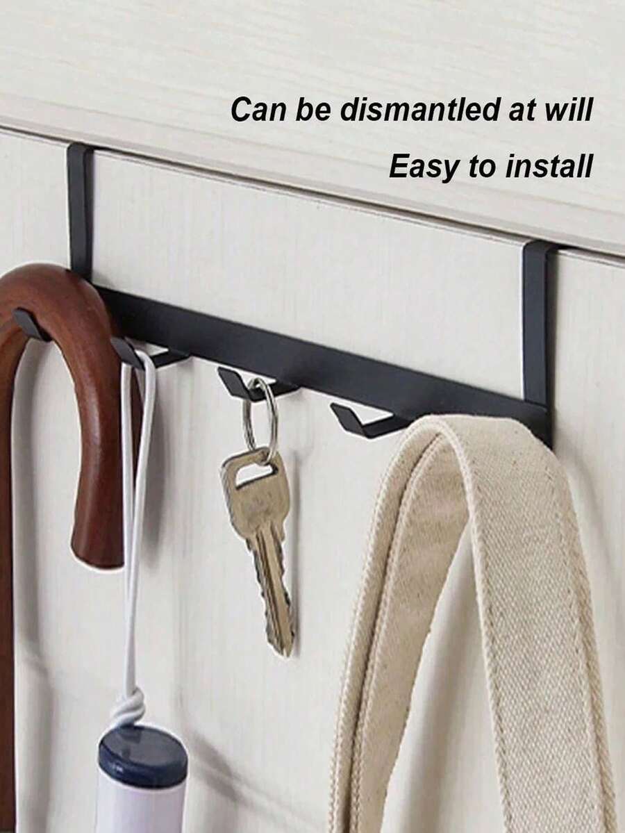 1pc Black Ferric Door Rear Hook, Large Load-Bearing Five Row Door Bag Hook, Non Perforated Clothes And Hat Storage Rack Decorations Autumn Decor Festival Decor Room Decor Home Decor Fall Decor Bedroom Decor - Black - View 1