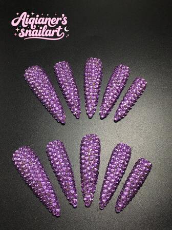 Each Set Consists Of 10 Pieces Of Handmade Acrylic Nail Plates For Y2K High Heels, With French Design And Full Diamond Decoration, Available In Purple And Nude Colors. 3 Sizes To Fit, Suitable For Christmas, Parties, Dances, And Daily Wear. Comes With A Nail Kit, Making It An Ideal Press On Nails Gift For Ladies And Girls.